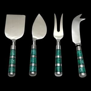 4 Pc Cheese Knife Set Green Marbled Handles Stainless Steel Spreader Serving Set